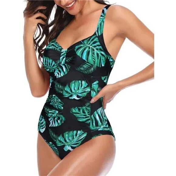 Vintage Tummy Control Ruched One Piece Swimsuit, Green Leaf Print, Backless